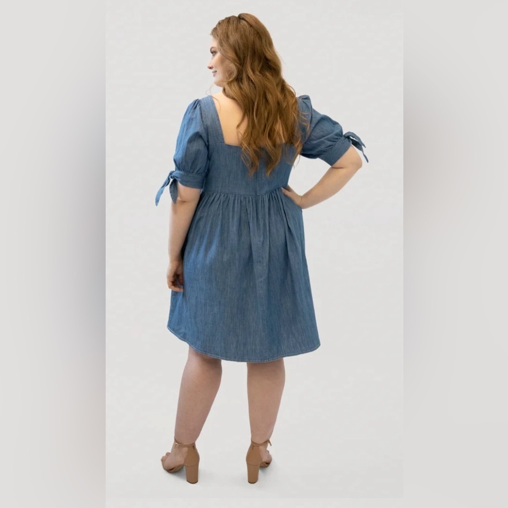 🆕Marée Pour Toi denim babydoll dress/short tie up sleeve/back zip/fit/flare👗 - Picture 3 of 6